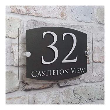 Imagem de Placas de número da casa Placa de acrílico preto personalizado em ardósia Placa de número da casa Apartamento Rua Endereço Efeito Vidro