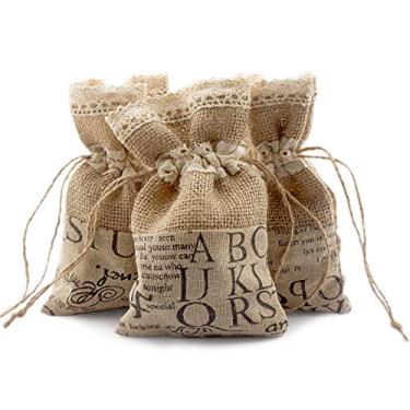 Imagem de Summer-Ray 20 Bolsa de estopa Hessiana com renda de crochê e tecido de linho (6,2" x 3,8") rústicos de casamento