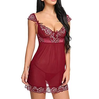 Imagem de Bigfanshu Viberate Roupa íntima feminina sexy saia curta body renda fio lingerie uma peça vermelha