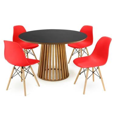 Imagem de Conjunto Mesa de Jantar Redonda Luana Amadeirada Preta 120cm com 4 Cadeiras Eames Eiffel - Vermelho