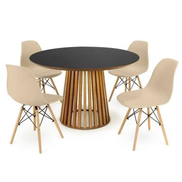 Imagem de Conjunto Mesa de Jantar Redonda Luana Amadeirada Preta 120cm com 4 Cadeiras Eames Eiffel - Nude