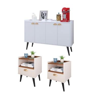 Imagem de Kit Casa Completa 2 Mesas Cabeceira Estilo Mesinhas Lateral Cama Aparador Buffet Kiev Cantinho Café Cozinha Sala Estar - RPM Móveis (Off White/Freijó | Branco)