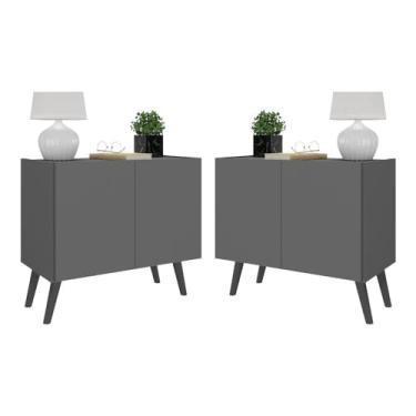 Imagem de Kit 2 Mesas de Cabeceira Retrô 2 Portas Multimóveis Mp4138 Grafite/preto