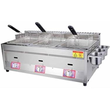Imagem de Fritadeira a gás profundo de bancada comercial, Fritadeira a gás duplo Fritadeira de propano de bancada em aço inoxidável Controle de temperatura independente Fácil de limpar, aço inoxidável