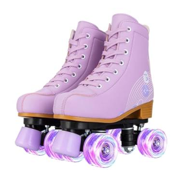 Imagem de MEIGLQEA Patins para meninas e mulheres, patins confortáveis de couro PU rosa roxo iluminado, interior e exterior, tamanho 34 (juvenil 3, roxo)