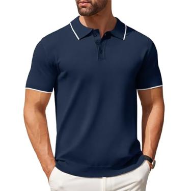 Imagem de COOFANDY Camisa polo masculina de malha casual manga curta abotoada camisa polo clássica de golfe, Azul marinho branco listrado, XXG