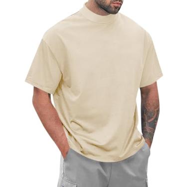 Imagem de Wihion Camiseta masculina canelada gola rolê manga curta cor sólida camiseta básica, Bege, M