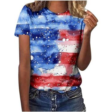 Imagem de Camisetas femininas de 4 de julho de manga curta, bandeira americana, gola redonda, camisetas estampadas modernas casuais de verão, 4 de julho 15 multicolorido, P