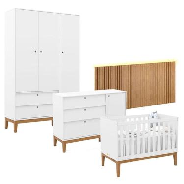 Imagem de Quarto de Bebê Unique 3 Portas com Cômoda Sapateira e Painel Ripado com Led Branco Soft Eco Wood - Matic