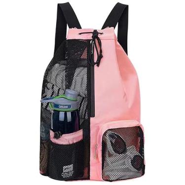 Imagem de Mochila de malha com cordão Bolsa de mergulho Bolsa esportiva de mergulho leve Correia ajustável à prova d 'água para férias escolares na praia (Rosa)