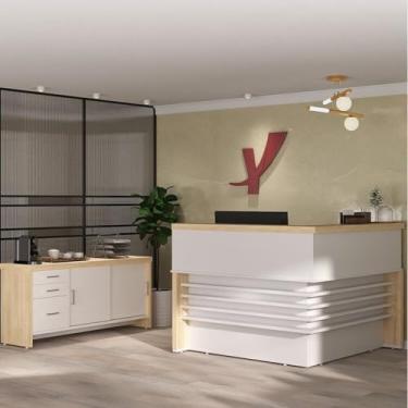 Imagem de Kit 2 Peças Balcão para Atendimento Recepção e Armário Multiuso Baixo com 3 Gavetas em Tamburato Carvalho/Branco