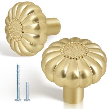 Imagem de LOQRON Pacote com 5 puxadores de armário dourados, puxadores de cômoda de latão escovado em forma de abóbora, puxadores de armário de gaveta de liga de zinco para cozinha/armário/banheiro