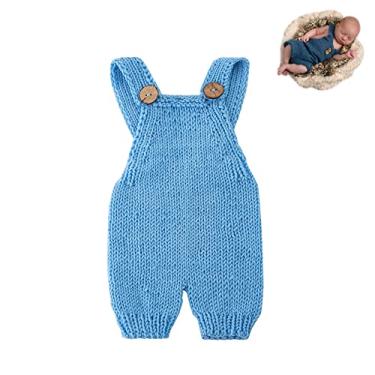 Imagem de Vemonllas Acessórios para fotografia de recém-nascidos para meninos e meninas, macacão de crochê de mohair, adereços para fotos de bebê, bodies abertos nas costas, Azul-celeste, Medium