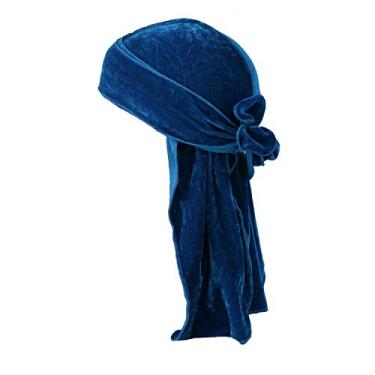 Imagem de Vpang Chapéu unissex Deluxe Durag Veludo Bandana Chapéu Cauda Extra Longa Holograma Headwraps Pirata Hip-Hop Capa Turbante Headwear (Azul Lago)
