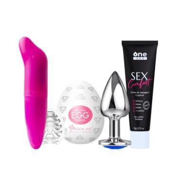 Imagem de Kit Sex Shop Plug Anal P + Egg Masturbador + Gel Sex Comfort + Vibrado