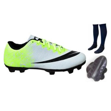 Imagem de Chuteira Campo Adulto Infantil com Meião Caneleira - Perflex, Branco l