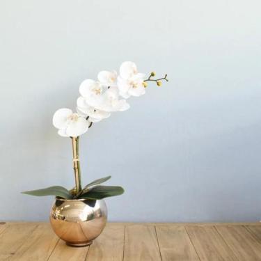 Imagem de Arranjo de Orquídea Branca 3D no Vaso Rose Gold  Linha Permanente Form