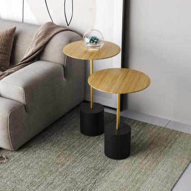 Imagem de Conjunto Mesa de Canto Parma Metal 65cm X 40cm X 40 Cm Natural Tawary / Dourado