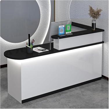 Imagem de Mesa de recepção de recepção, balcão de recepção com luzes, mesa de balcão frontal com armário, balcão de varejo moderno com gavetas, para escritório de checkout/salão de beleza/saguão/spa