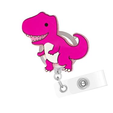 Imagem de Carretel de crachá de dinossauro feliz – clipe de crachá engraçado T-rex Dino retrátil com clipe de identificação para enfermeira de enfermagem, crachá de acrílico para obstetrícia, pediatria, médico,