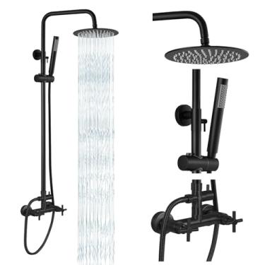 Imagem de gotonovo Torneira de chuveiro preta fosca SUS304 sistema de fixação de chuveiro conjunto combo com alça cruzada dupla 20,32 cm cabeça de chuveiro de alta pressão pulverizador manual montagem na parede