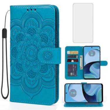 Imagem de Bohefo Capa para Moto G14, Motorola G14 XT2341-2 Capa carteira com protetor de tela de vidro temperado, capa flip de couro mandala com suporte para cartão de crédito para Motorola Moto G14 Azul
