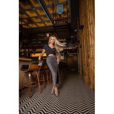 Imagem de Saia Longa Pregas Lateral Lurex brilho Cintura Elástica - CYNDRA, Pret