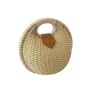 Imagem de Bolsas femininas de palha redondas tecidas femininas e femininas bolsas femininas pequenas e casuais para praia(Beige)