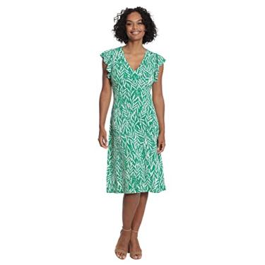 Imagem de London Times Vestido feminino com estampa de folhas, gola V, manga e babados, Verde/branco macio, 48