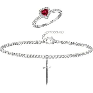 Imagem de Conjunto de pulseira de espada de anel de coração para casal, conjunto de anel e pulseira combinando, pulseira de corrente de elos de espada, anel de compromisso de pedra preciosa vermelha para sua