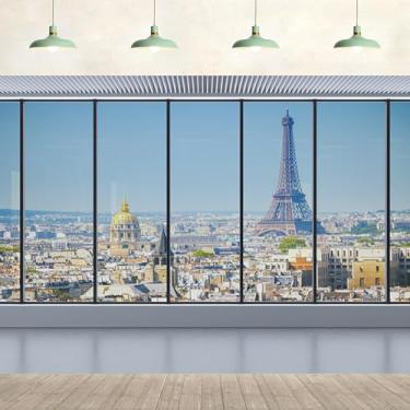 Imagem de 2,1 x 1,5 m, janela interior de escritório, edifício, torre Eiffel, janela francesa, fundo de paisagem, decoração de videoconferência, pendurar na parede, reuniões online, videochamada, estúdio