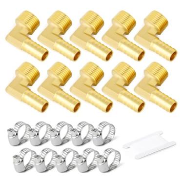 Imagem de GASHER 5 peças redutor de farpa de mangueira de latão cotovelo de 90 graus 1/2" NPT para 15,8 mm ID de mangueira com 5 peças de braçadeira de mangueira, redutor de farpa de latão com ajuste de emenda de combustível/ar/ar/água/óleo/gás/WOG