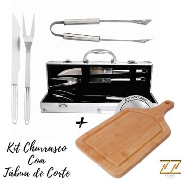 Imagem de Kit Churrasco 3 Peças Inox Com Tábua de Corte