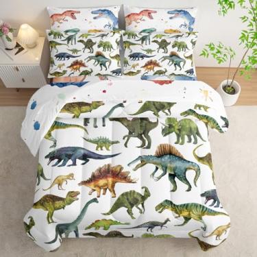 Imagem de AILONEN Jogo de edredom infantil de dinossauro, cama macia de 7 peças em uma bolsa, lençol de cima, lençol de cima e 2 fronhas, 2 fronhas para quarto