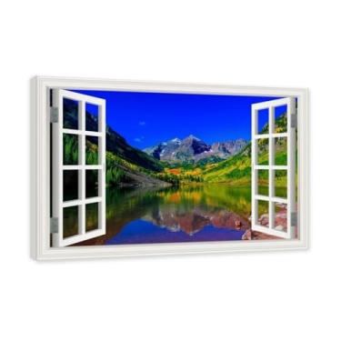 Imagem de PY3H69 Arte de parede em tela de janela aberta, impressão natural em tela. Lindo cenário de montanha 5 cm, decoração de parede de paisagem de janela, decoração de casa moderna. Moldura interna 50 x 75