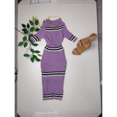 Imagem de Vestido Midi Tricot Listras Gola Alta - Vitrine Colleciton, Lilás, U