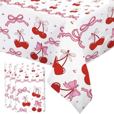 Imagem de MEHOFOND 3 peças de toalhas de mesa de plástico cereja e laço, capa de mesa descartável para chá de bebê com laço de frutas, decoração de festa de aniversário de cereja com laço rosa, toalha de mesa