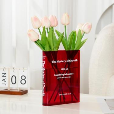 Imagem de Puransen Vaso vermelho em forma de livro para flores – decoração estética de quarto para casa/escritório moderno, organizador de prateleira minimalista com exibição floral, para amantes de livros e