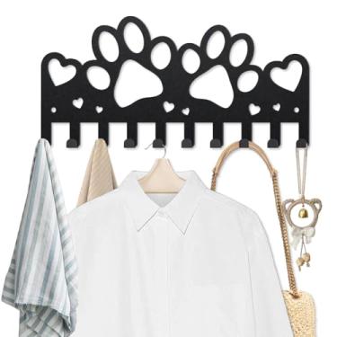 Imagem de MAYJOYDIY Suporte de parede com estampa de pata, suporte de parede, coração, metal, pata de cachorro, porta-chaves para parede, 9,8 × 4,17 cm, 10 ganchos, trela para cães, ganchos pretos decorativos