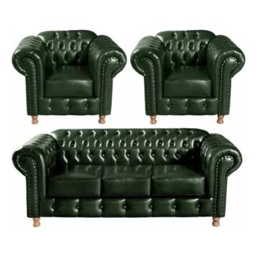 Imagem de Conjunto Sofá 3 Lugares E 2 Poltrona Chesterfield Luís Xv Vintage Retrô Capitonê Couro Verde
