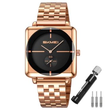 Imagem de SKMEI Relógios quadrados para homens, simples, negócios, aço inoxidável, moderno, analógico, quartzo, presente para pais, pai, dourado, preto, G2413 ouro rosa
