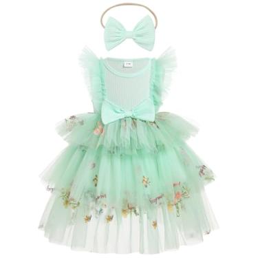 Imagem de OBEEII Vestido infantil para bebê, florista, bordado floral, tule, tutu com faixa de cabeça, concurso formal, princesa, aniversário, festa, bolo, esmagamento, sessão de fotos, verde, 9 a 12 meses