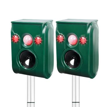 Imagem de PGFIT Pacote com 2 repelentes solares de animais, repelente ultrassônico de pragas, repelente de cervos, repelente de gatos ao ar livre, à prova d'água, ativação esportiva, LED, alarme sonoro, repelir