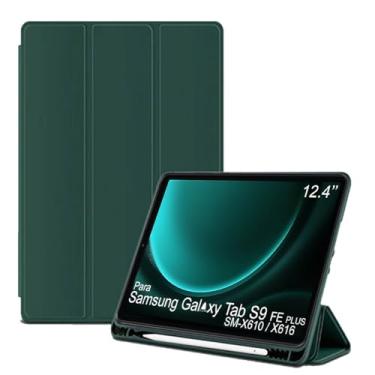 Imagem de Capa Tablet flip para Samsung Galaxy Tab S9 FE PLUS SM-X610 SM-X616 Smart pen 12.4 polegadas resistente aveludada compatimento caneta Case capinha Anti Impacto Suporte Pencil - Alamo (verde)