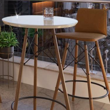 Imagem de Mesa Alta Bistrô Tampo de Vidro Temperado Redonda Retrô Área Gourmet Varanda Churrasqueira Cozinha Pequena Apartamento com Pés Madeira Maciça Industrial (Offwhite)