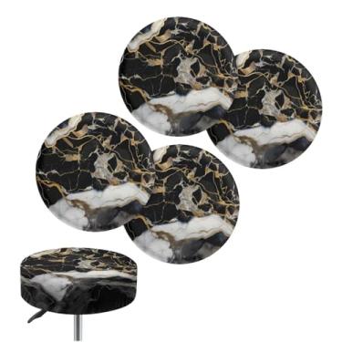 Imagem de Fiqyvagox Pacote com 4 capas de cadeira redondas elásticas de 35,5 a 40,6 cm, capas para bancos de bar, resistentes a arranhões, para bancos de metal, estampa de mármore, preto, branco, dourado, G