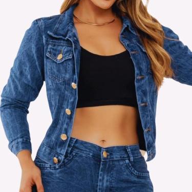 Imagem de Jaqueta Jeans Feminina Casual Premium Moda Azul Com Botões Lançamento 