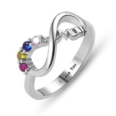 Imagem de AREH Anel de pedra do mês de nascimento personalizado para mãe e filha com nome gravado personalizado para mulheres e meninas, Metal não precioso, Zircônia cúbica