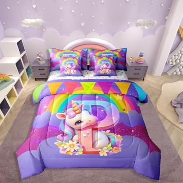 Imagem de Erosebridal Conjunto de edredom de 7 peças de unicórnio arco-íris em uma bolsa, conjunto de cama de solteiro com letra P para meninos e meninas, conjunto de lençol com monograma personalizado, com