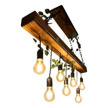 Imagem de Lustre Luminária Pendente Rústico de Madeira Maciça para 7 Lâmpadas Bivolt – Estilo Industrial
